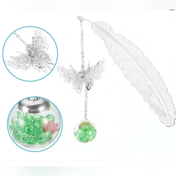 Metal feather bookmark with a butterfly pendant, New In Box - Picture 2 of 4